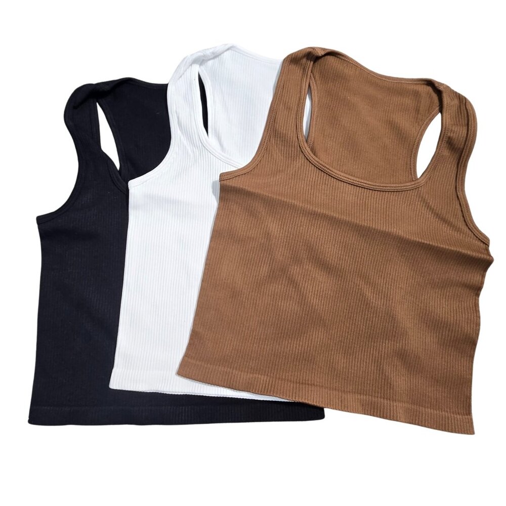 NWOT | 3-Pack Ribbed Racerback Crop Tank Tops | Neutral Tones | Small - Picture 2 of 5
